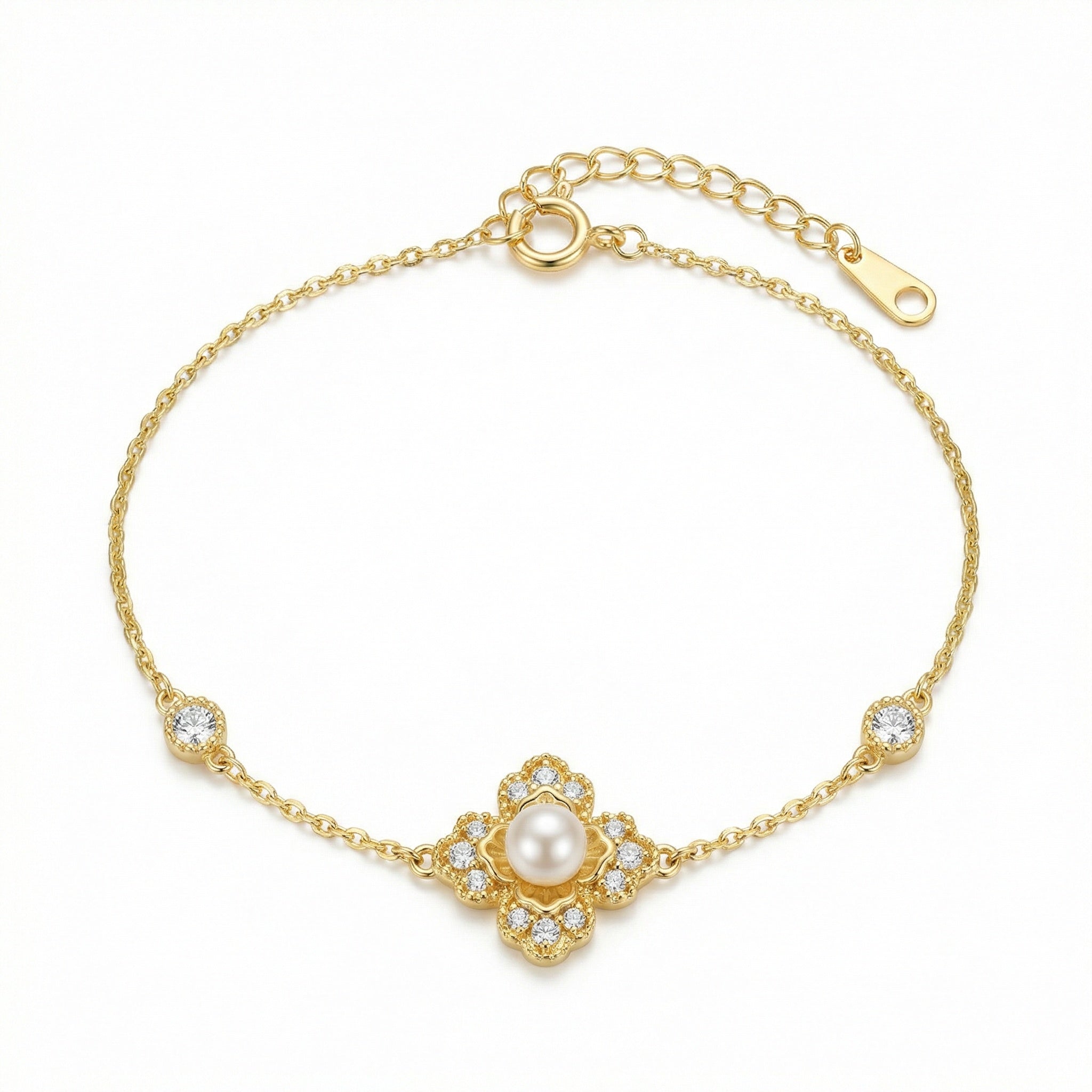 925 Sterling Silver Elegant Pearl Charm Bracelet
