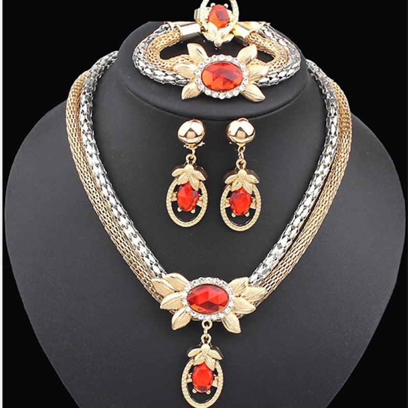 four pieces of double color crystal flower necklace earrings bracelet ring