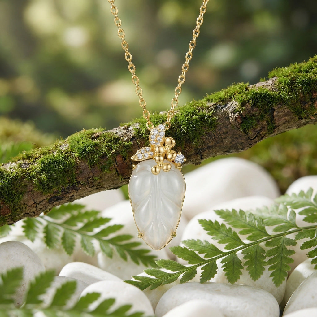 925 Sterling Silver Elegant White Jade Leaf Pendant Necklace