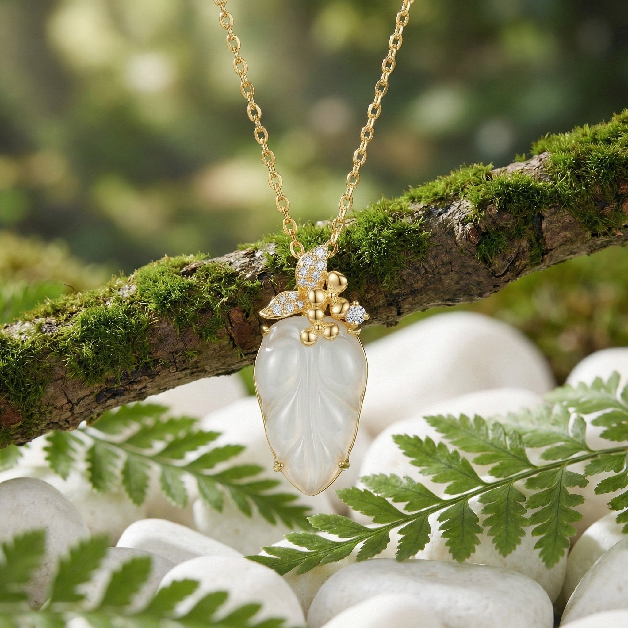 925 Sterling Silver Elegant White Jade Leaf Pendant Necklace
