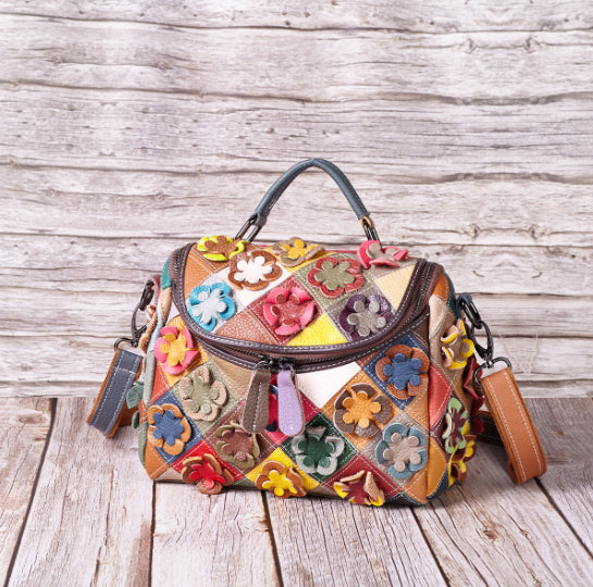 Full-grain Leather Handmade Floral  Patchwork  Shoulder Bag