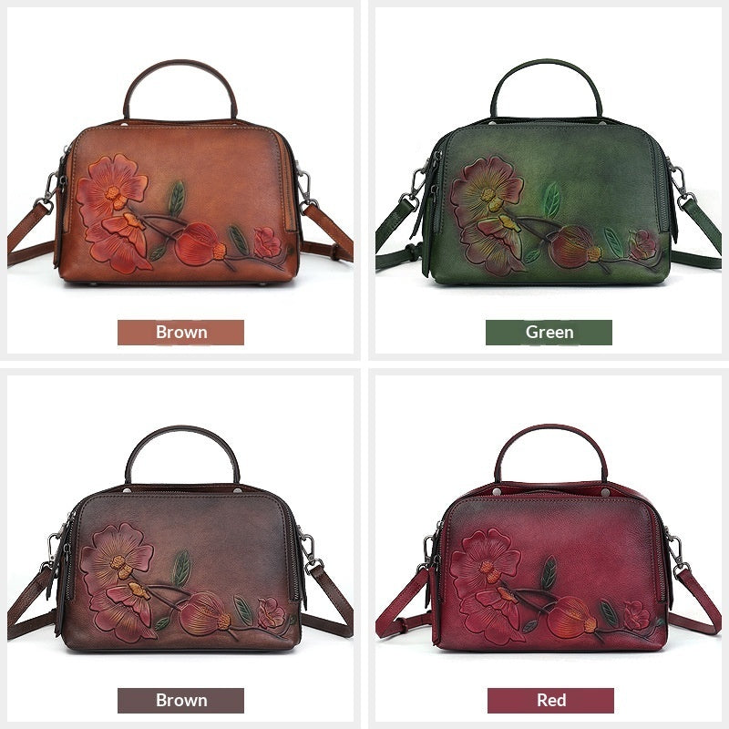 Vintage Cowhide Pillow Bag With Embossed Detailing