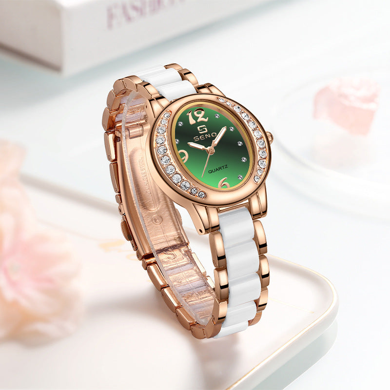 Oval Diamond Encrusted Waterproof Quartz Timepiece