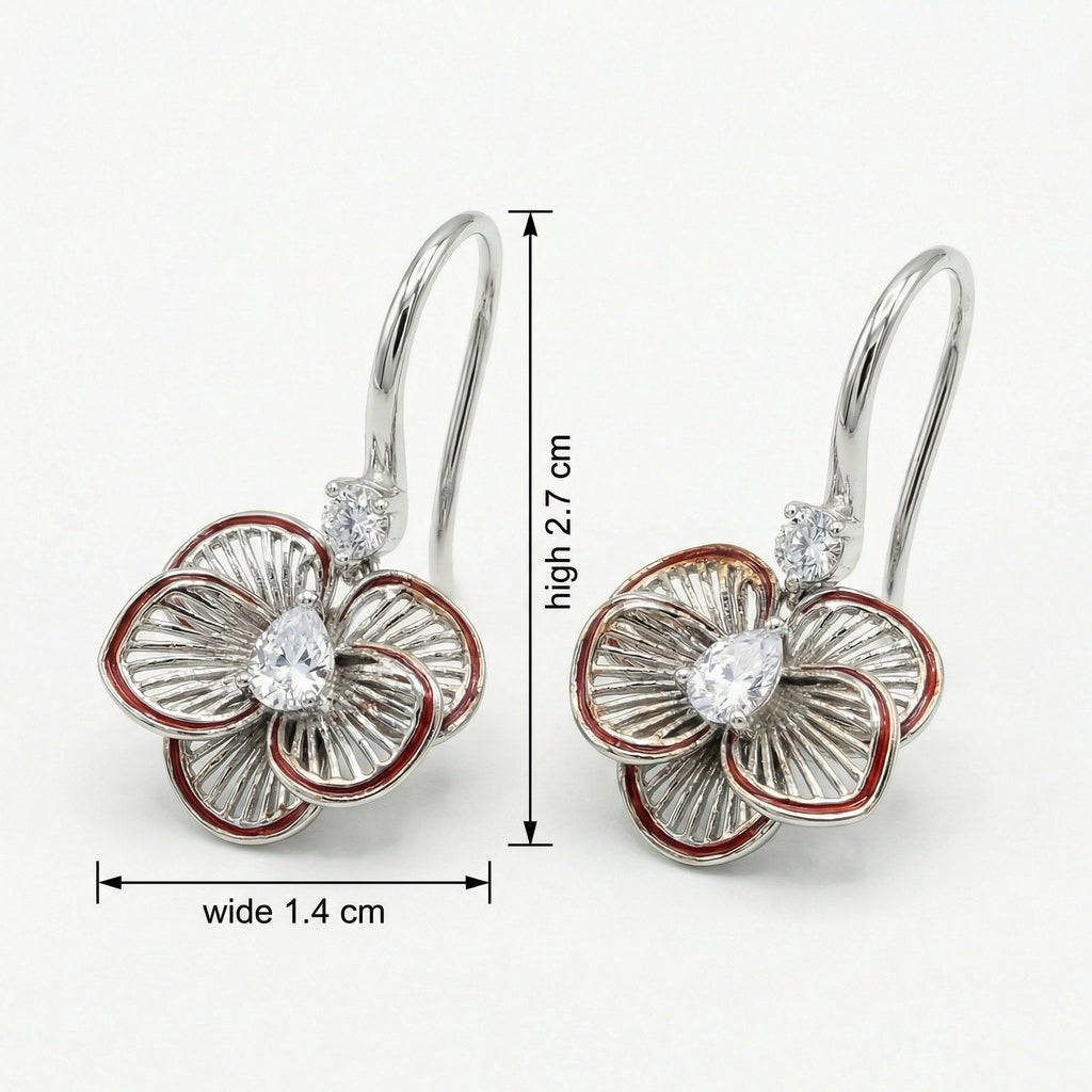 925 Sterling Silver Elegant Floral Filigree Earrings Red Enamel Trim