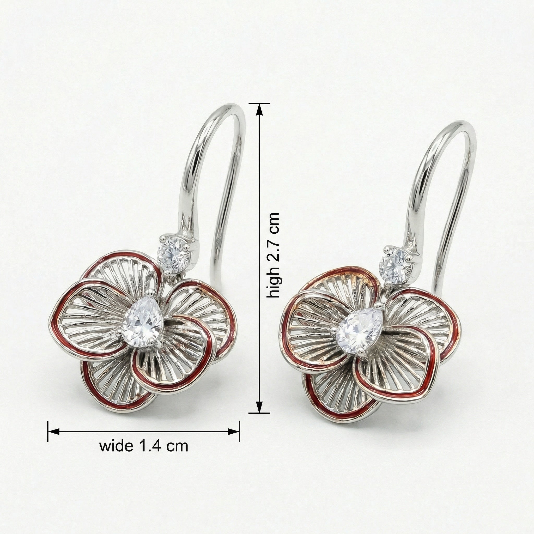 925 Sterling Silver Elegant Floral Filigree Earrings Red Enamel Trim