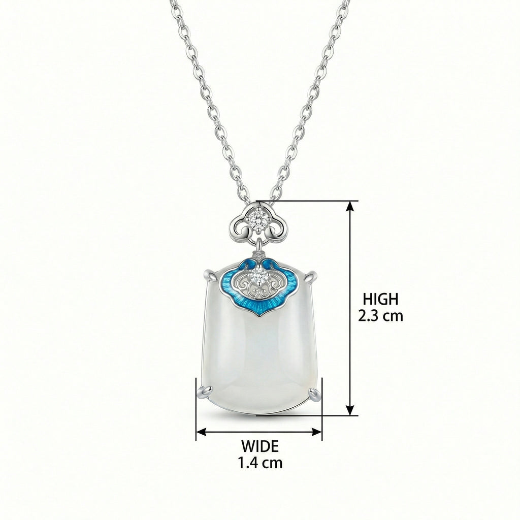 925 Sterling Silver Elegant White Jade and Blue Enamel Ruyi Pendant Necklace