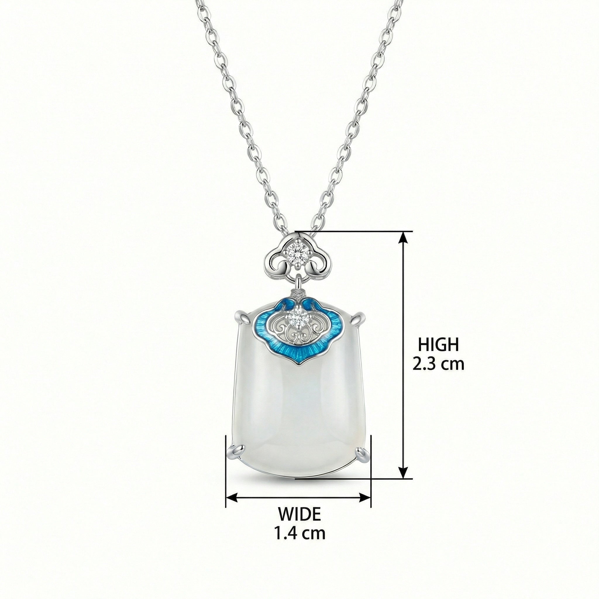 925 Sterling Silver Elegant White Jade and Blue Enamel Ruyi Pendant Necklace