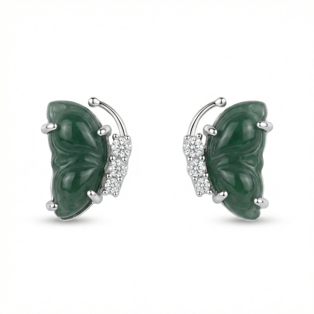 925 Sterling Silver Carved Green Jade Butterfly Wing Stud Earrings