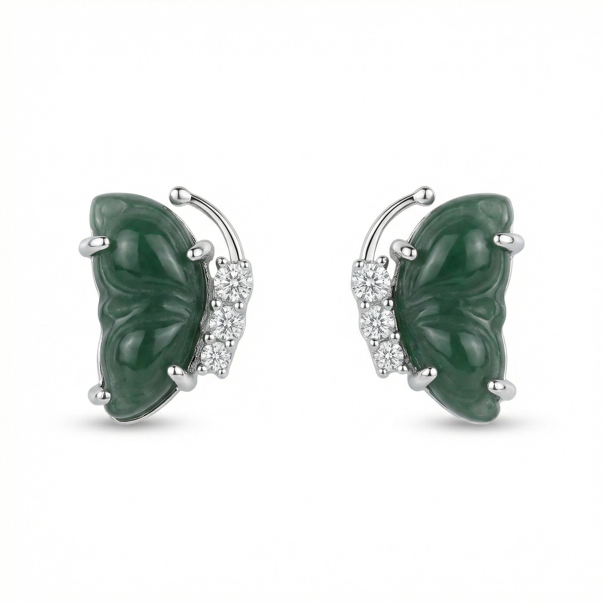 925 Sterling Silver Elegant Carved Green Jade Butterfly Wing Stud Earrings with Brilliant Accents