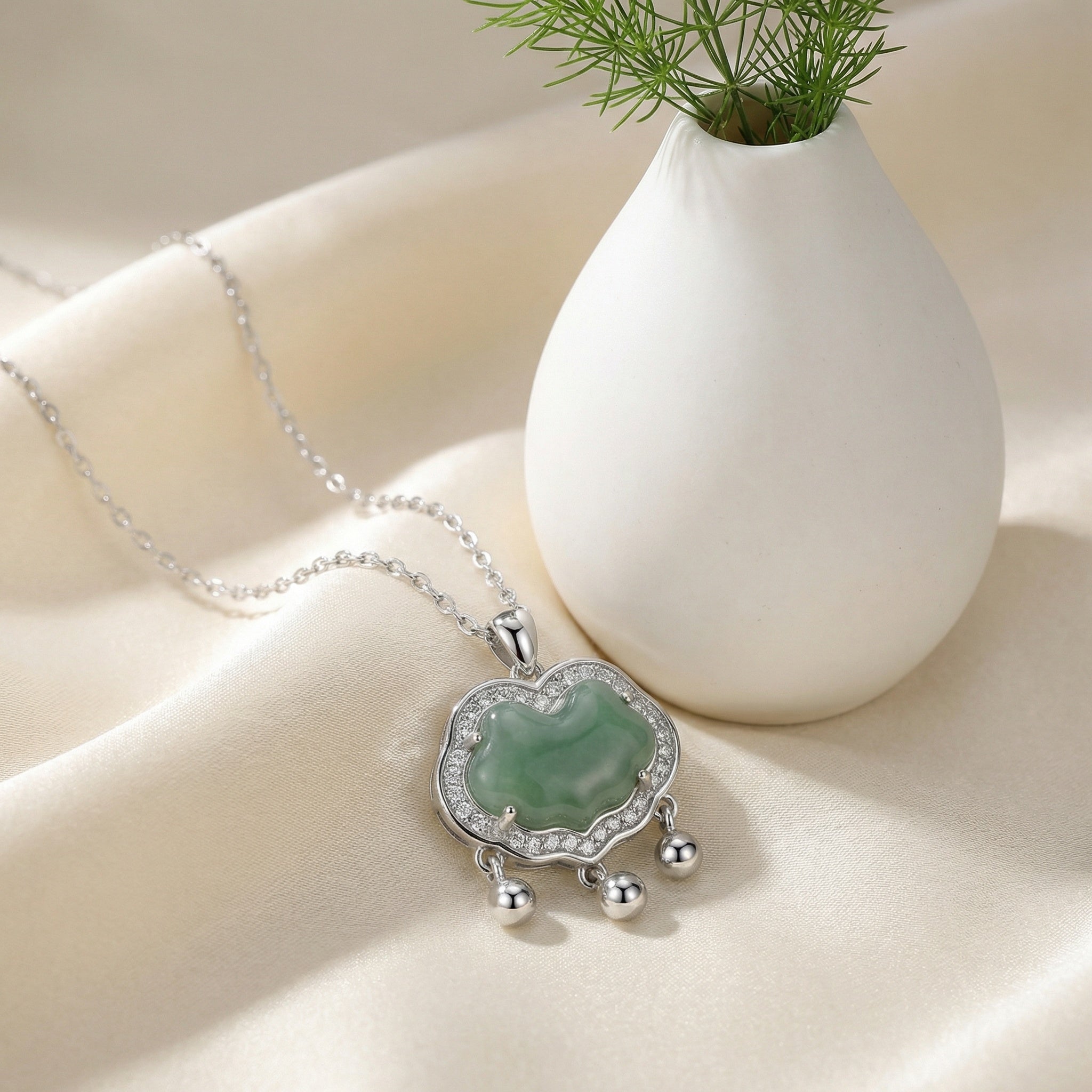 925 Sterling Silver Silver Jade Longevity Lock Necklace
