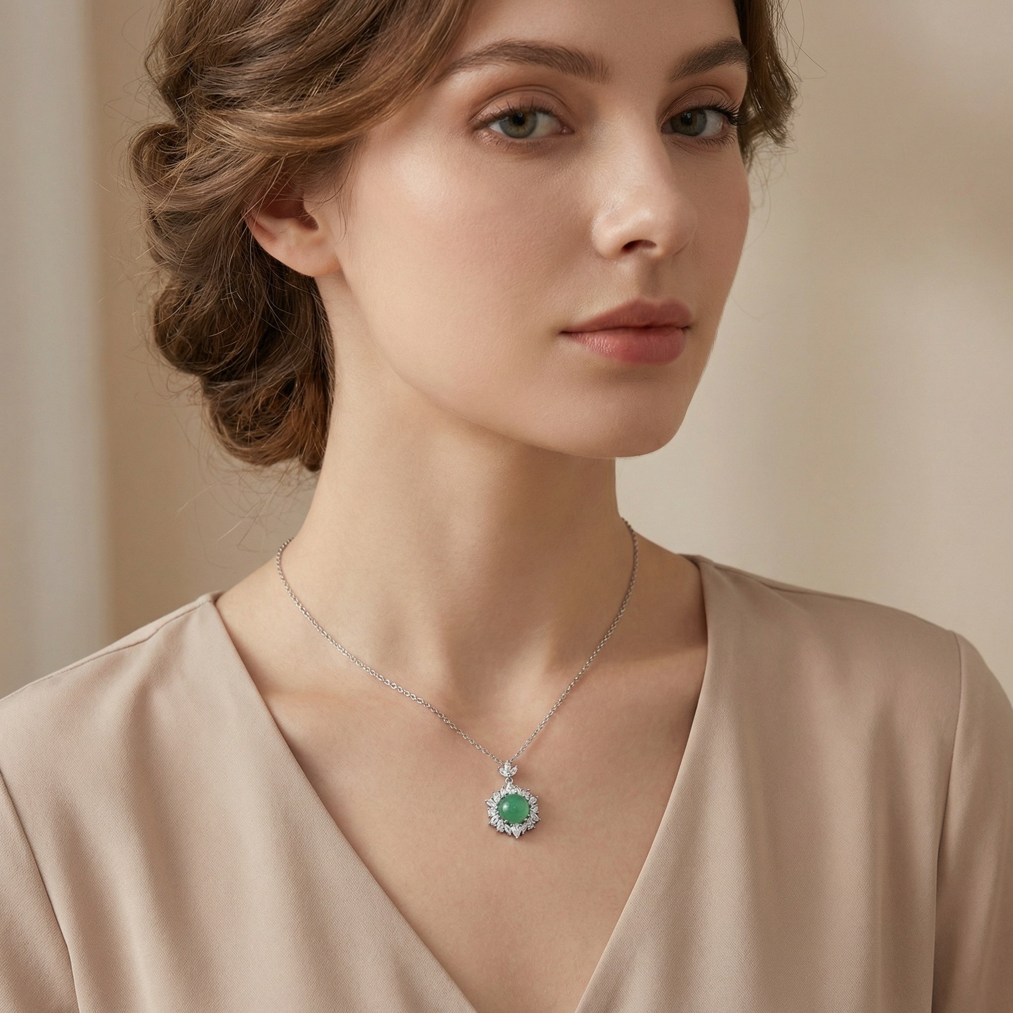 925 Sterling Silver Elegant Green Jade Cabochon and Sparkling Crystal Halo Pendant Necklace
