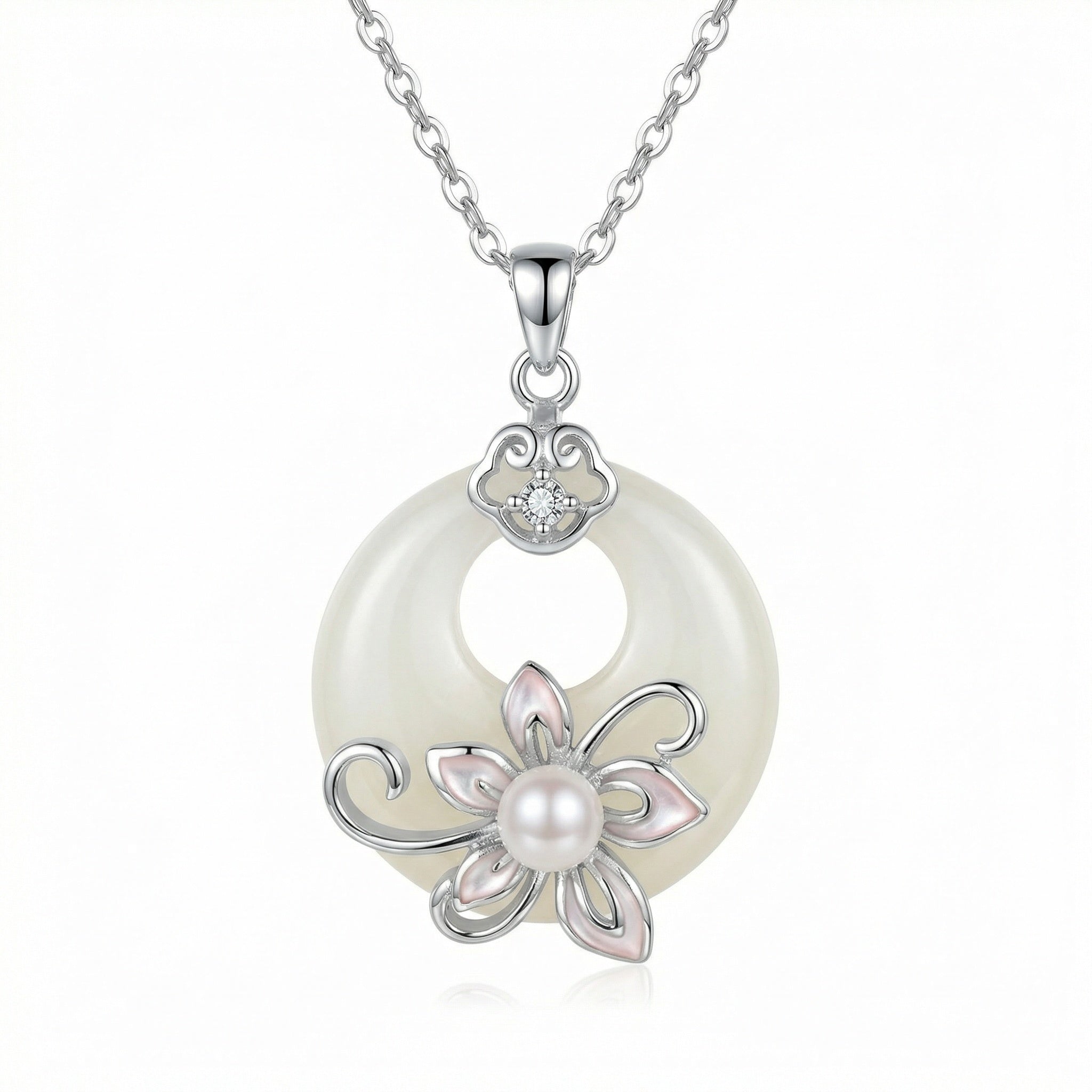 925 Sterling Silver Elegant White Jade Circle Pendant Necklace
