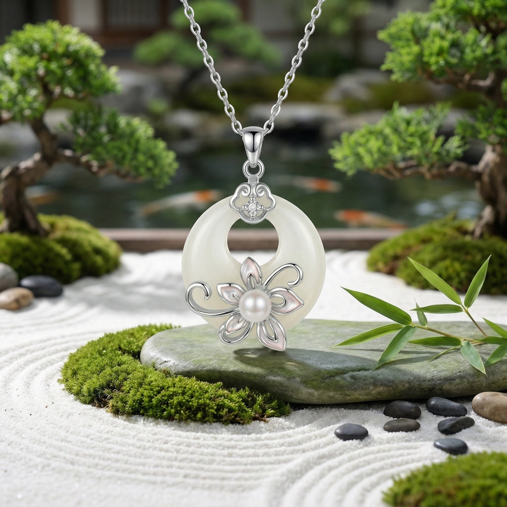925 Sterling Silver Elegant White Jade Circle Pendant Necklace