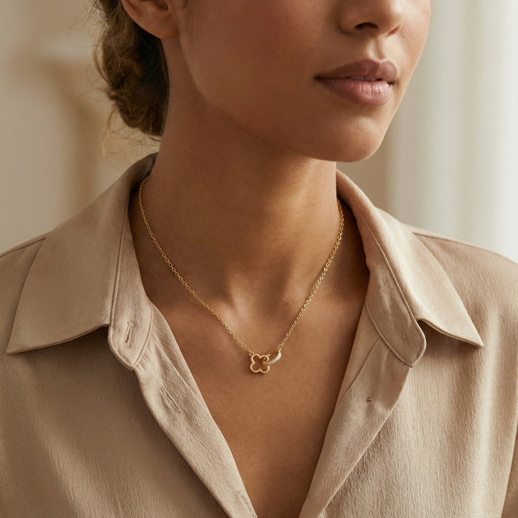 925 Sterling SilverInterlocking CloverPave Ring Necklace