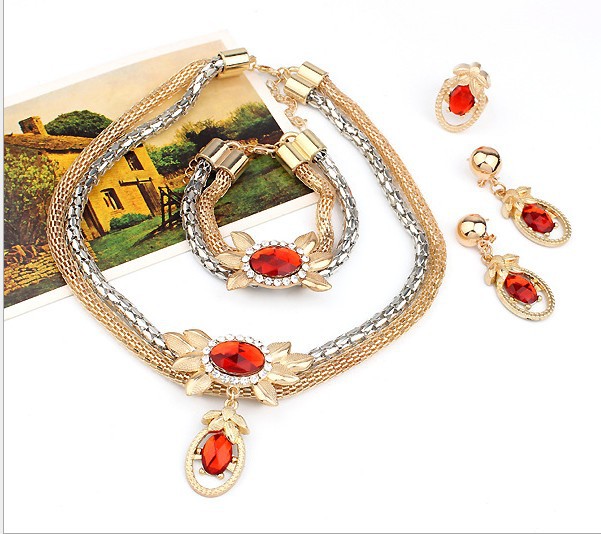 four pieces of double color crystal flower necklace earrings bracelet ring