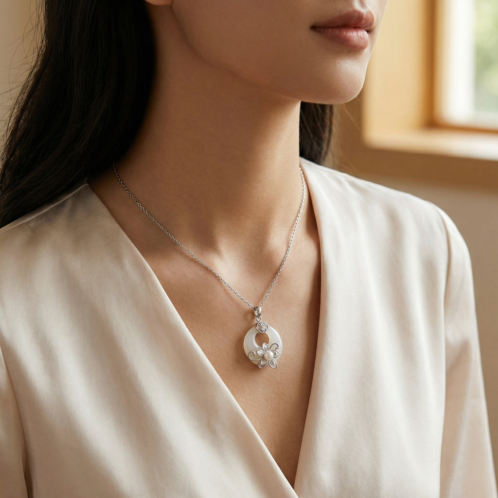 925 Sterling Silver Elegant White Jade Circle Pendant Necklace