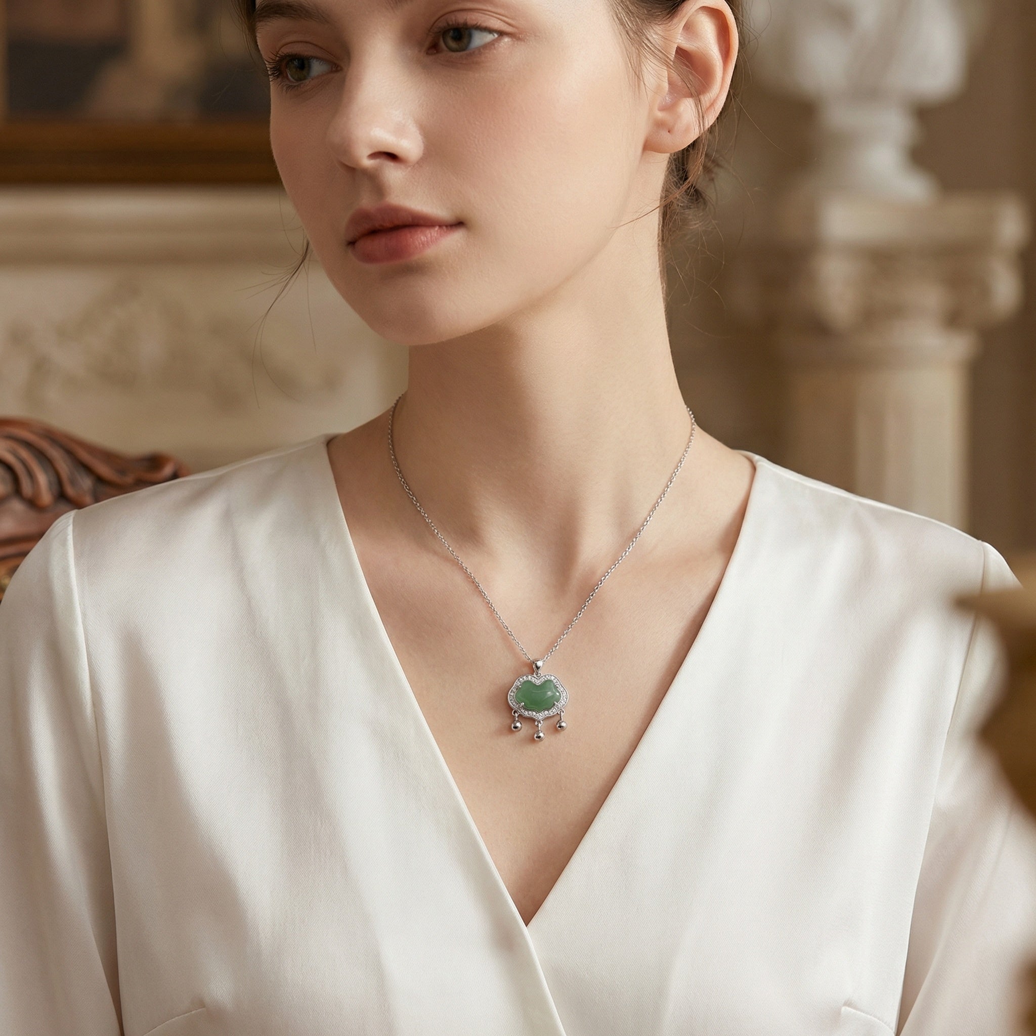 925 Sterling Silver Silver Jade Longevity Lock Necklace