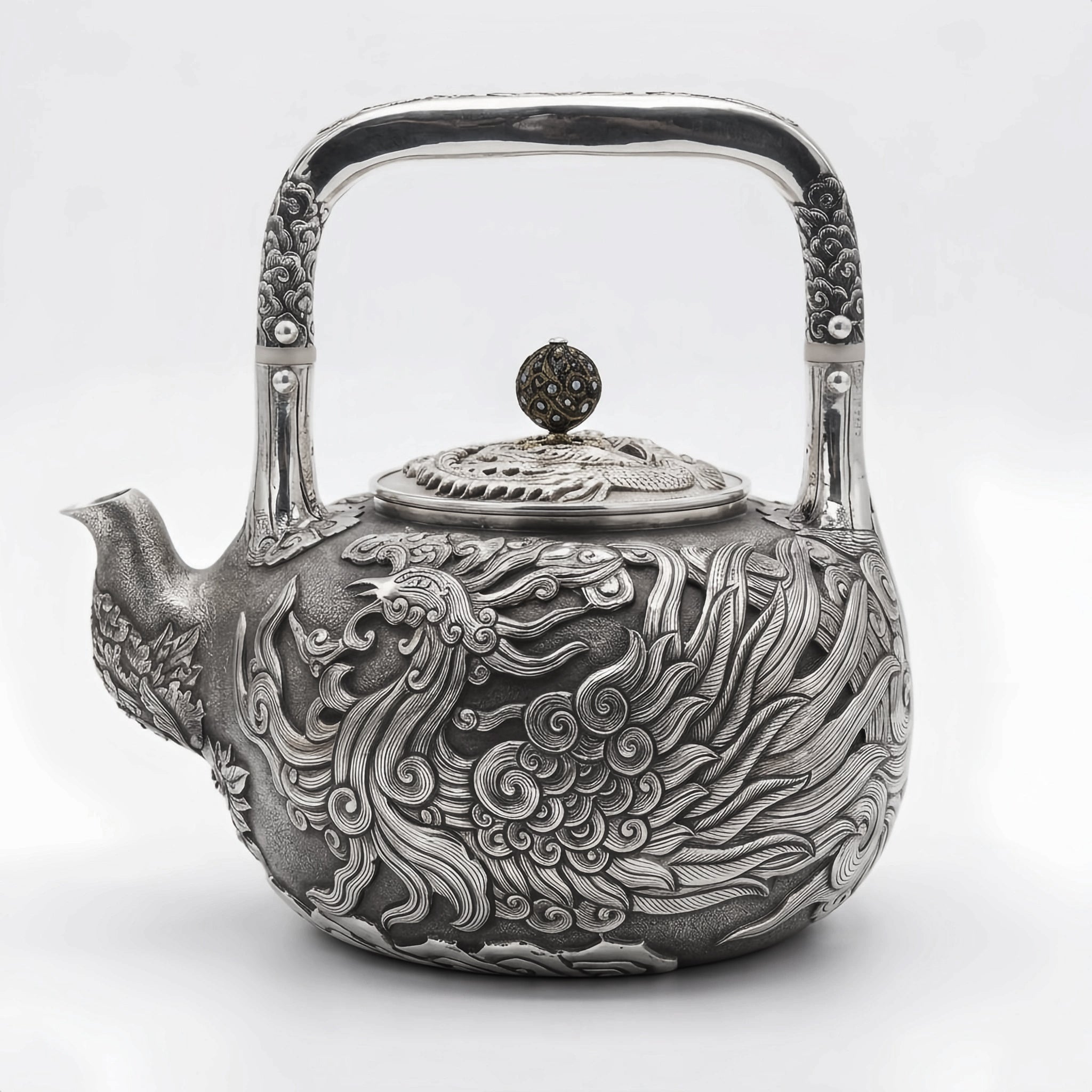 Pure 999 Fine Silver Hand-Carved Fine Silver Teapot Featuring an Intricate Phoenix