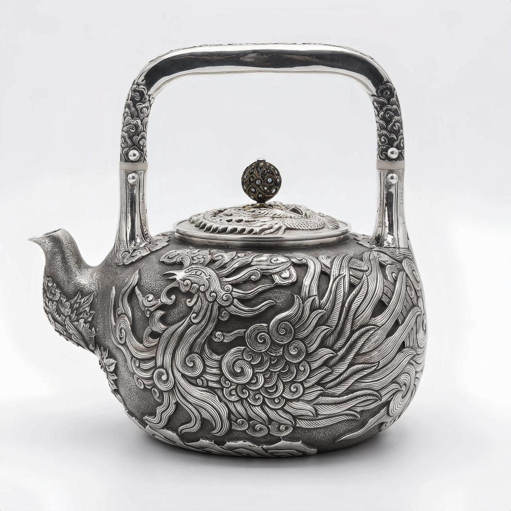 Pure 999 Fine Silver Hand-Carved Fine Silver Teapot Featuring an Intricate Phoenix