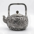 Pure 999 Fine Silver Hand-Carved Fine Silver Teapot Featuring an Intricate Phoenix