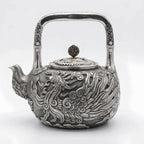 Pure 999 Fine Silver Hand-Carved Fine Silver Teapot Featuring an Intricate Phoenix