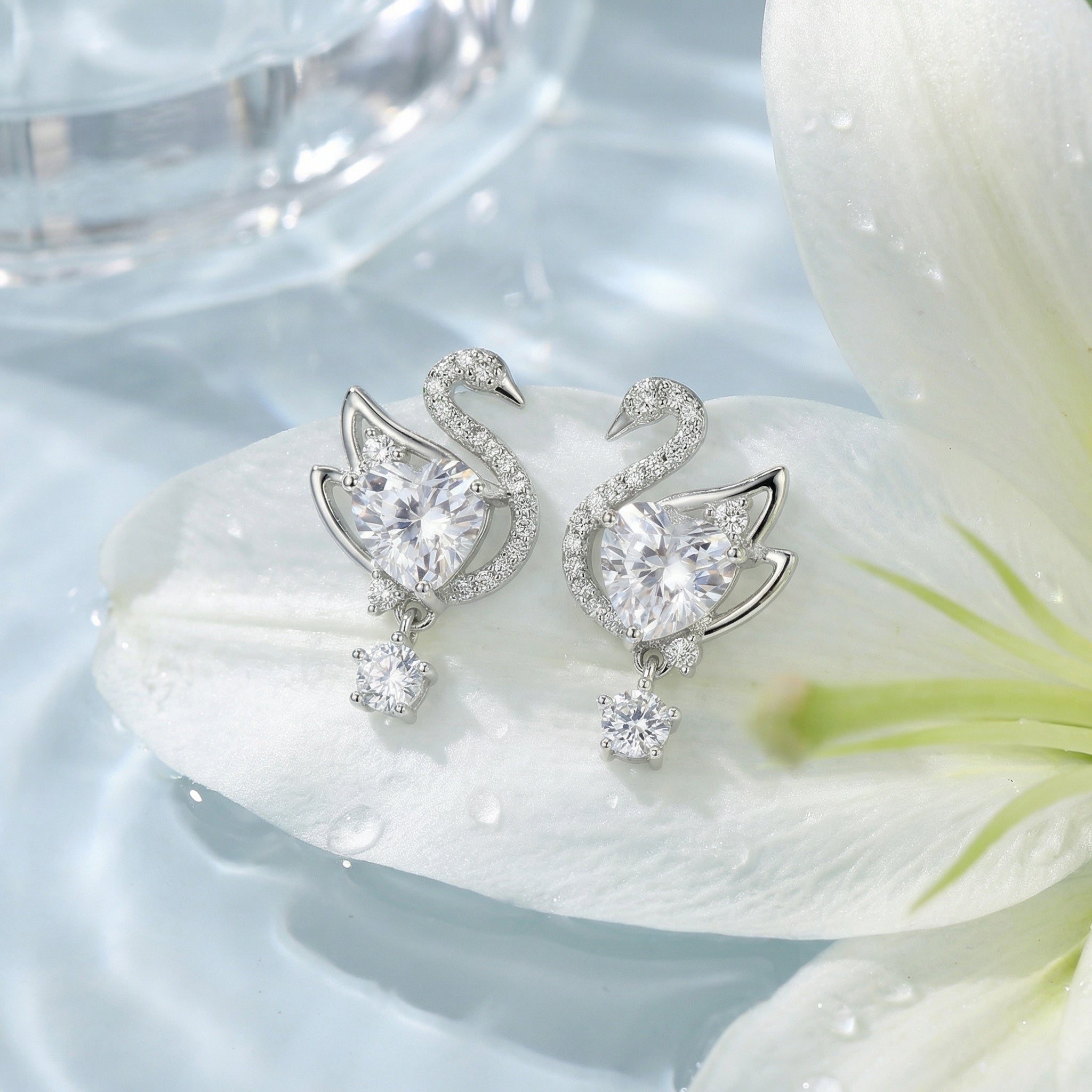 925 Sterling Silver Elegant Swan Heart Crystal Dangle Earrings