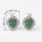 925 Sterling Silver Elegant Carved Green Jade Leaf Stud Earrings