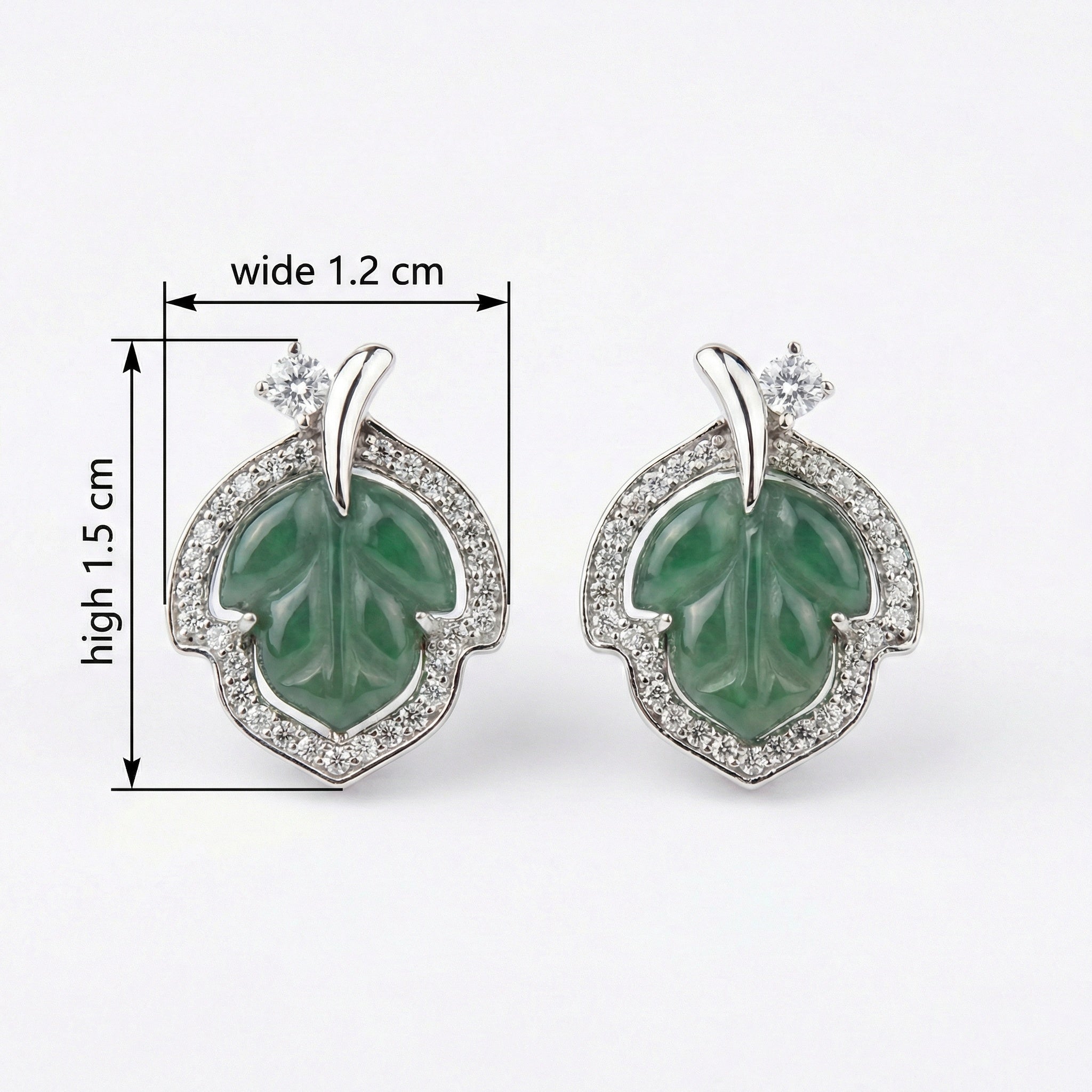925 Sterling Silver Elegant Carved Green Jade Leaf Stud Earrings