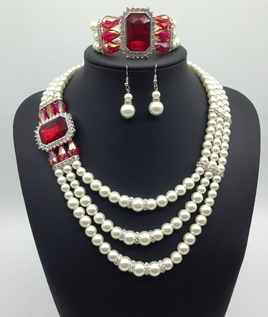 Diamond Gemstone Pearl Necklace Earrings Set chain bracelet