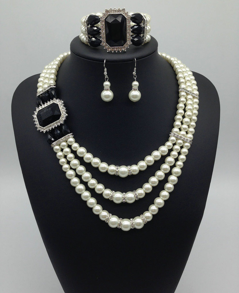 Diamond Gemstone Pearl Necklace Earrings Set chain bracelet