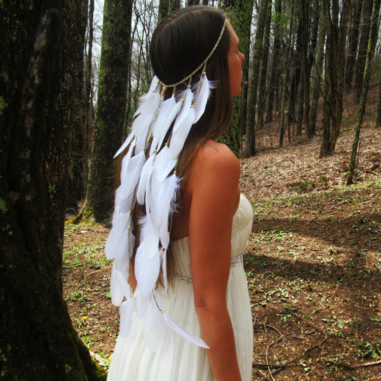 white featherhead Bohemia wedding bride's feather band