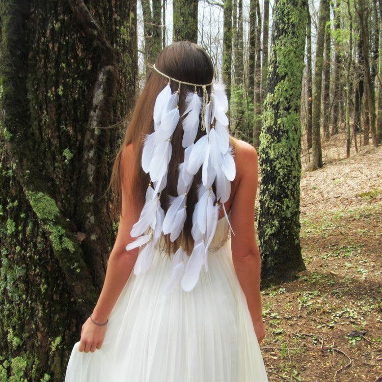 white featherhead Bohemia wedding bride's feather band