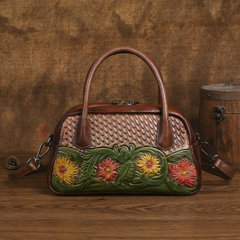 Ethnic-style Full-grain Leather Shoulder Bag For Women