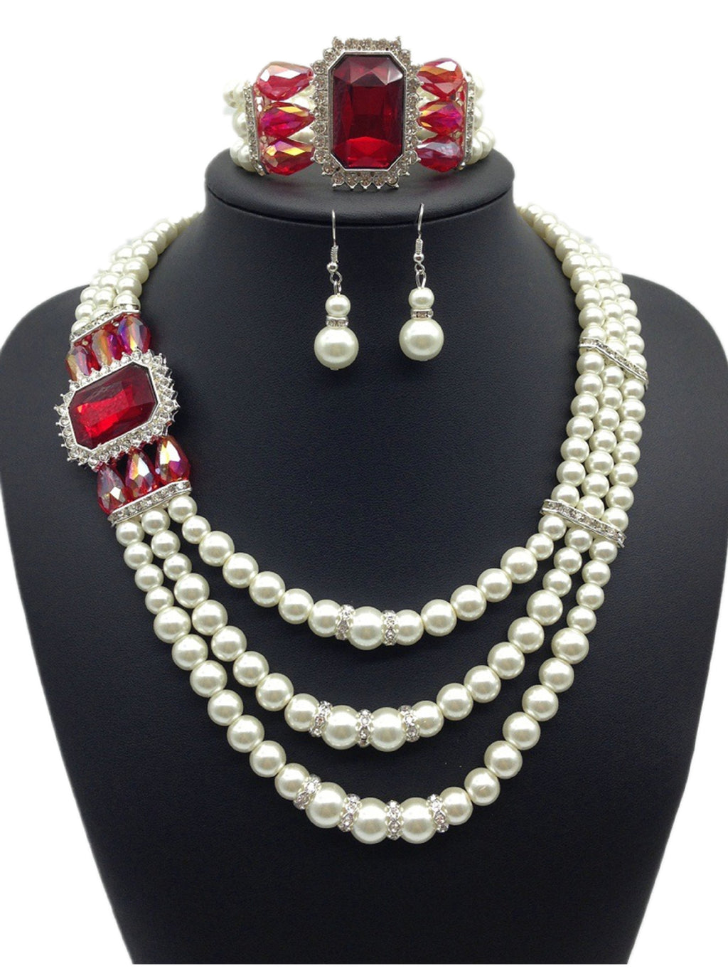 Diamond Gemstone Pearl Necklace Earrings Set chain bracelet