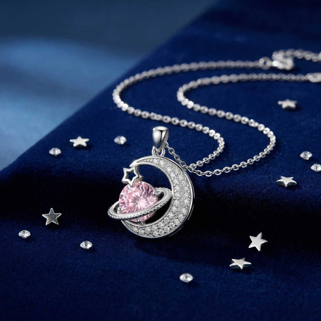 925 Sterling Silver Celestial Crescent Moon and Sparkling Pink Planet