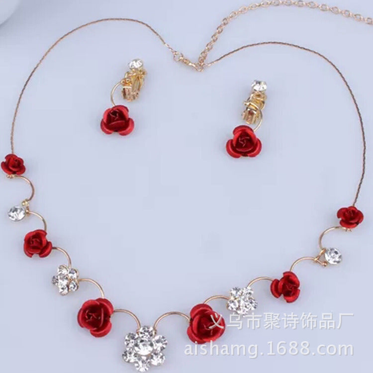 Korean red rose necklace, earrings,