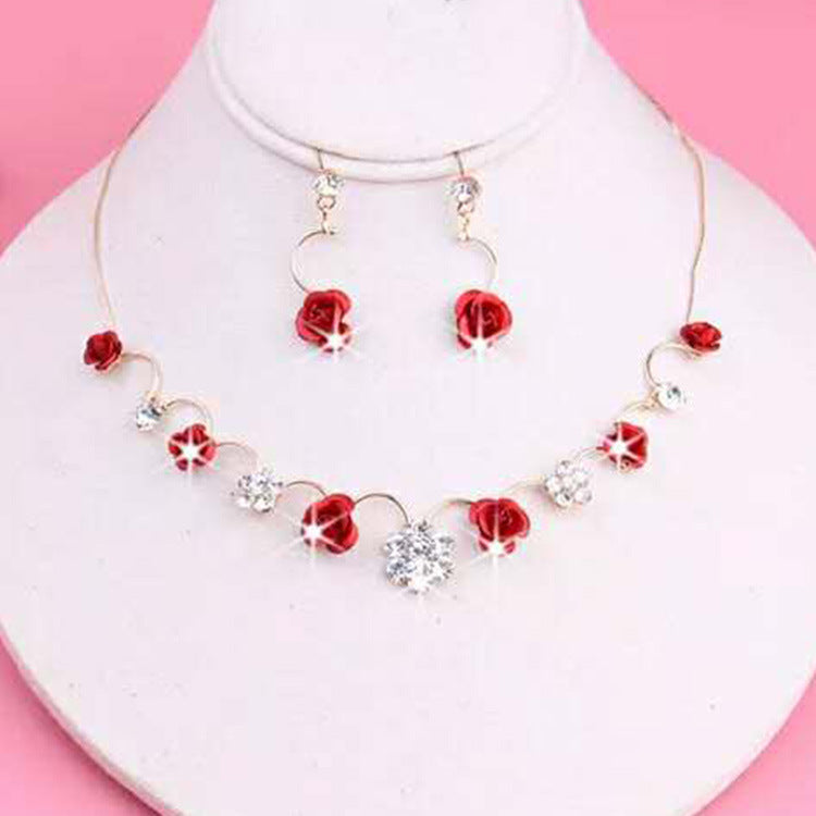 Korean red rose necklace, earrings,
