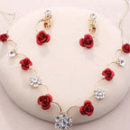 Korean red rose necklace, earrings,