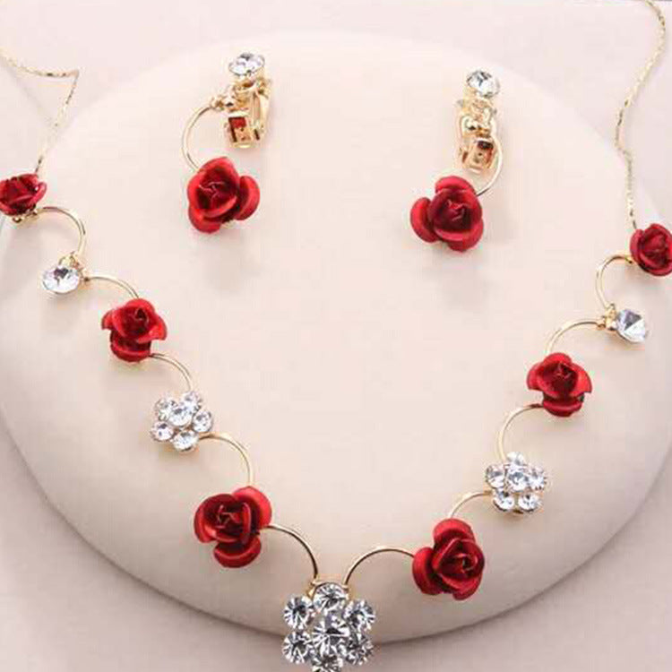 Korean red rose necklace, earrings,