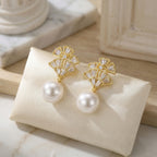925 Sterling Silver Fan-Shaped Pearl Dangle Earrings