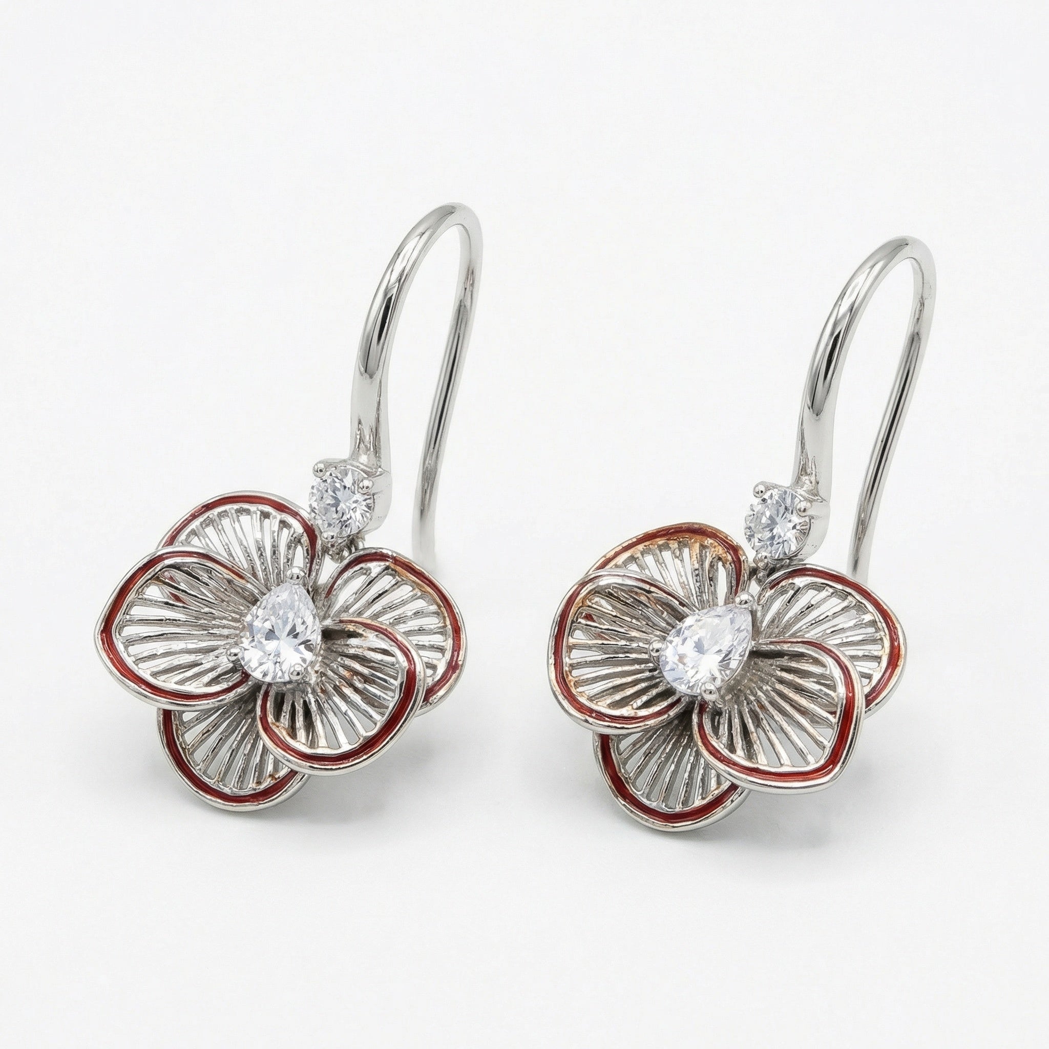 925 Sterling Silver Elegant Floral Filigree Earrings Red Enamel Trim