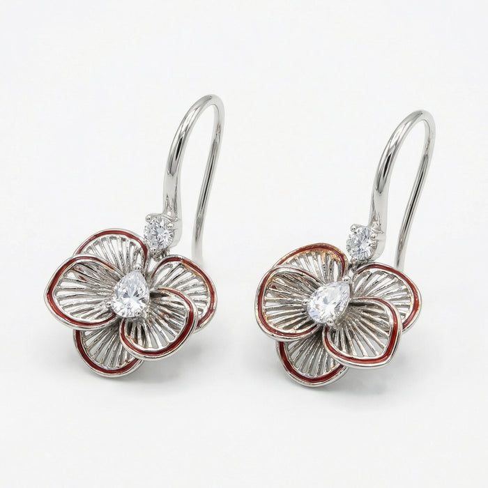 925 Sterling Silver Elegant Floral Filigree Earrings Red Enamel Trim
