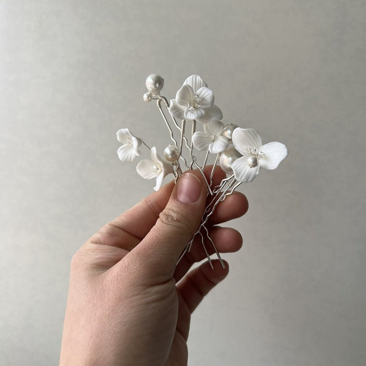 Ceramic Flower Pearl Embellished Bridal Hairpin