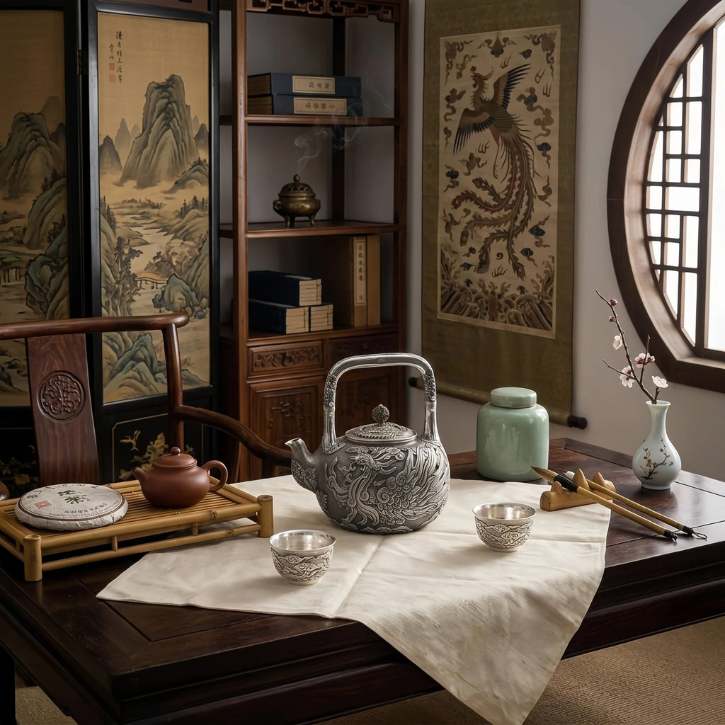 Pure 999 Fine Silver Hand-Carved Fine Silver Teapot Featuring an Intricate Phoenix