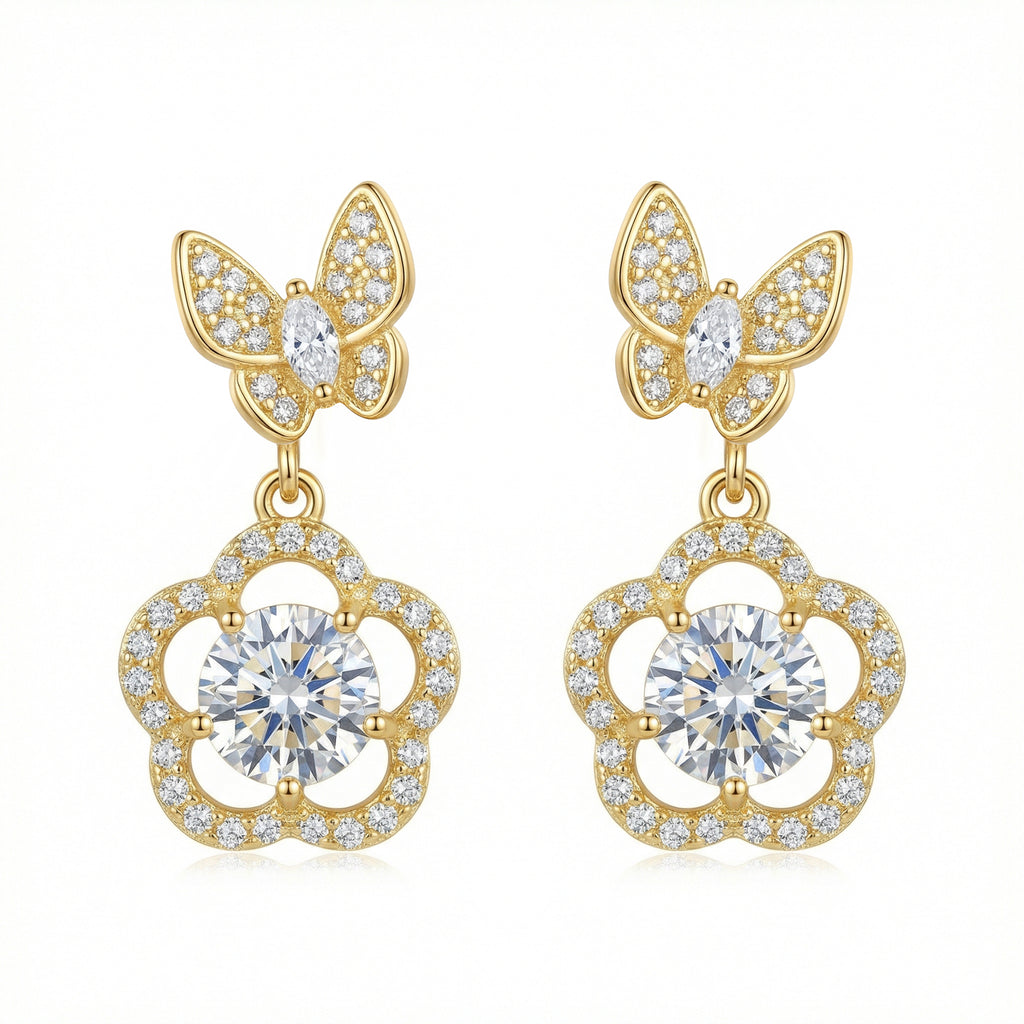 925 Sterling Silver Elegant Butterfly and Floral Drop Earrings
