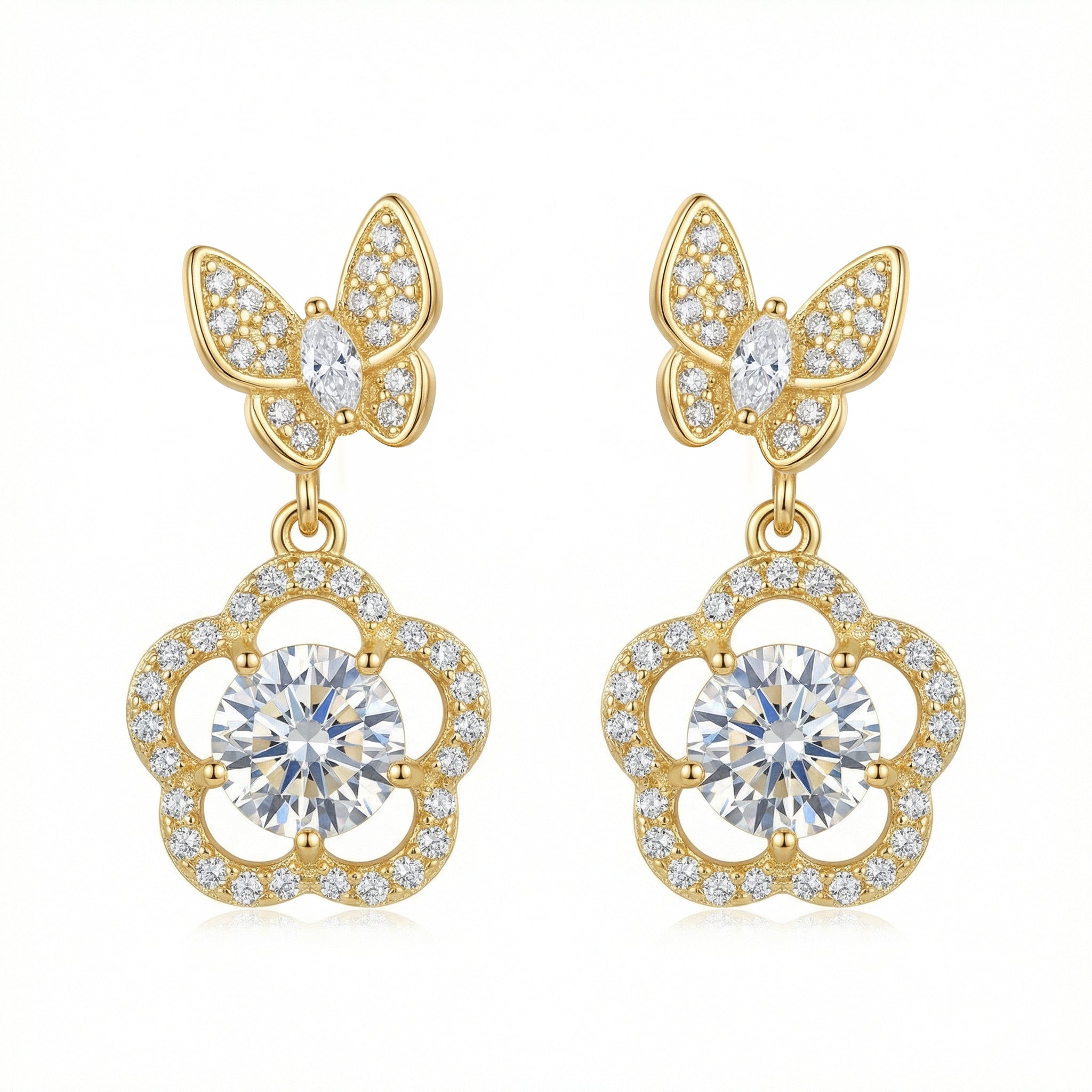 925 Sterling Silver Elegant Butterfly and Floral Drop Earrings