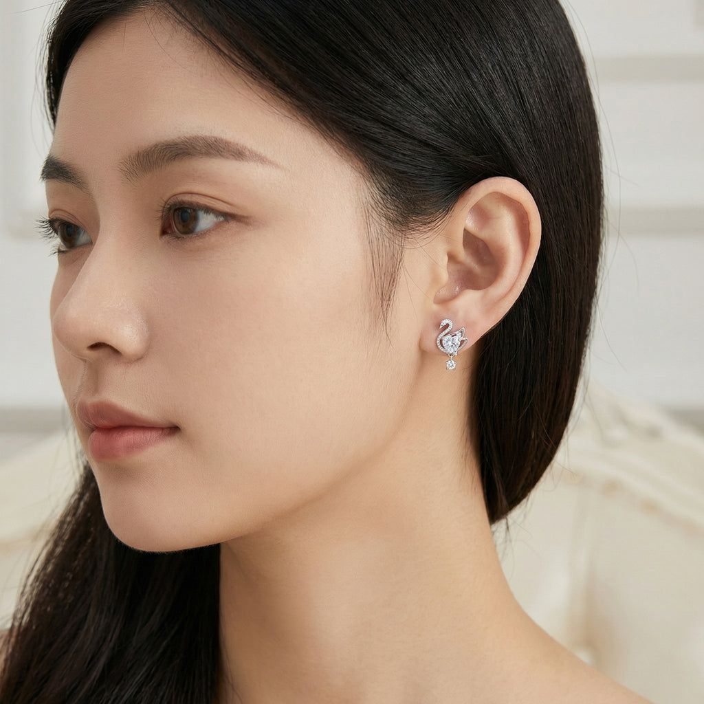 925 Sterling Silver Elegant Swan Heart Crystal Dangle Earrings