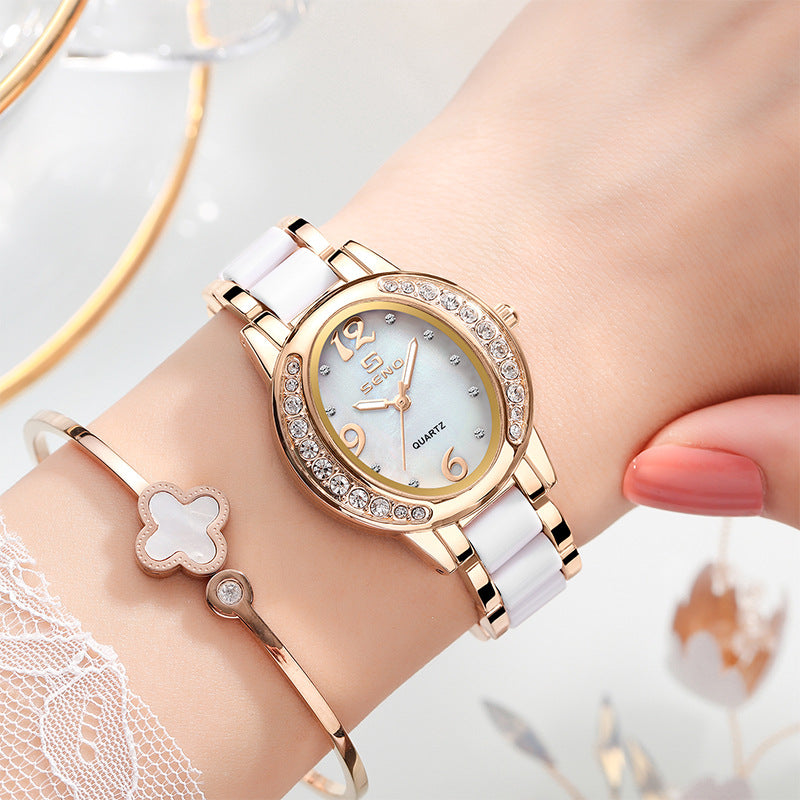 Oval Diamond Encrusted Waterproof Quartz Timepiece