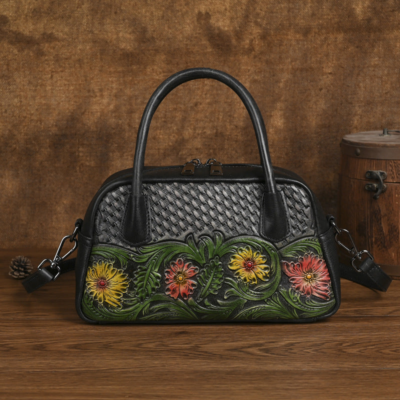Ethnic-style Full-grain Leather Shoulder Bag For Women