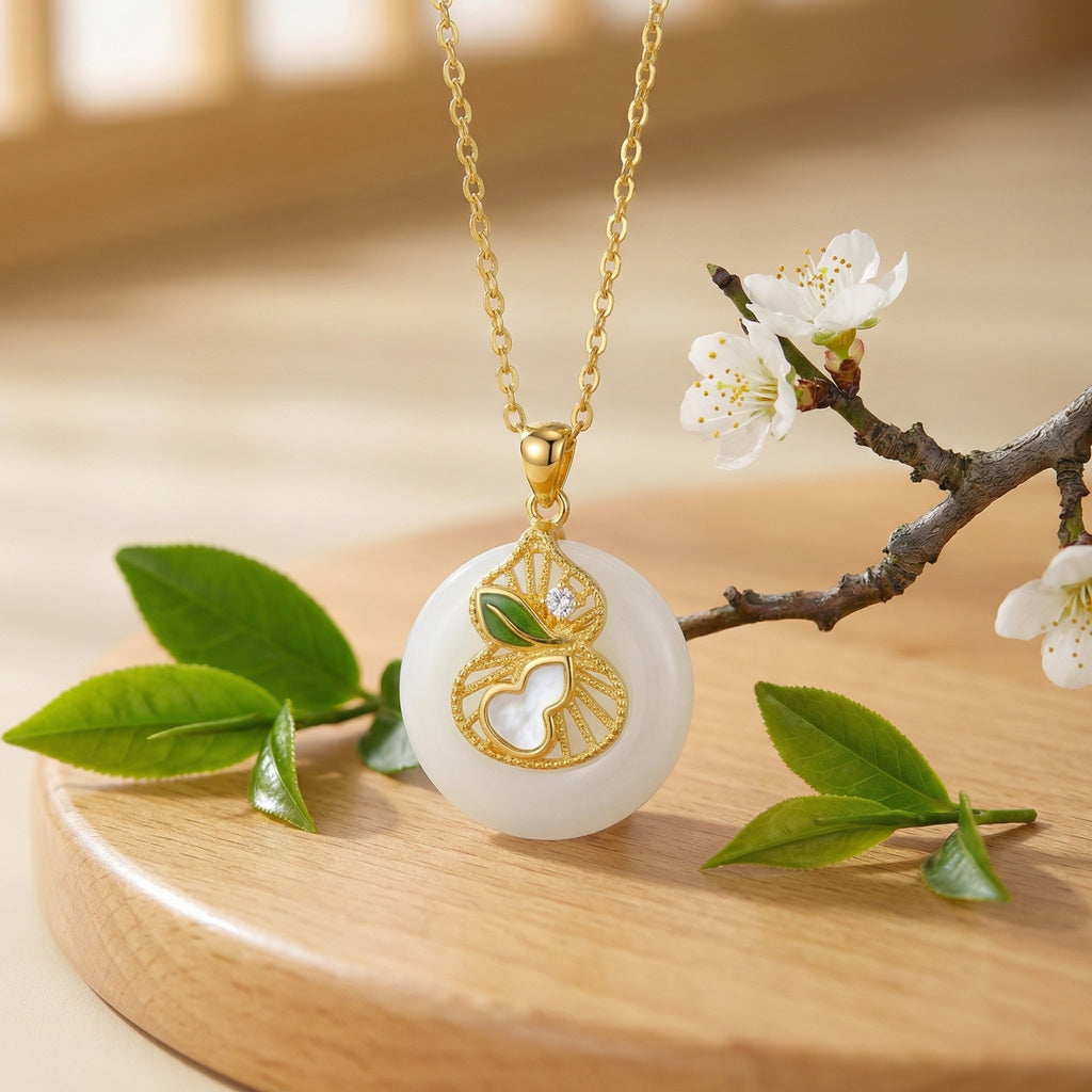 925 Sterling Silver White Jade Gourd Pendant Necklace